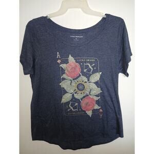 Lucky Brand Slate Blue Tshirt Scoop Neck Ace of Diamonds Playing Card Roses Gold